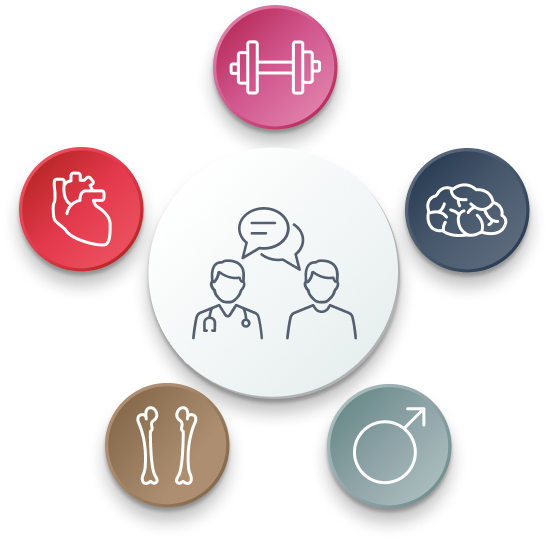 ICONs of a dumbbell, heart, brain, thigh bones, and a male gender symbol. With a patient and doctor drawn in the middle